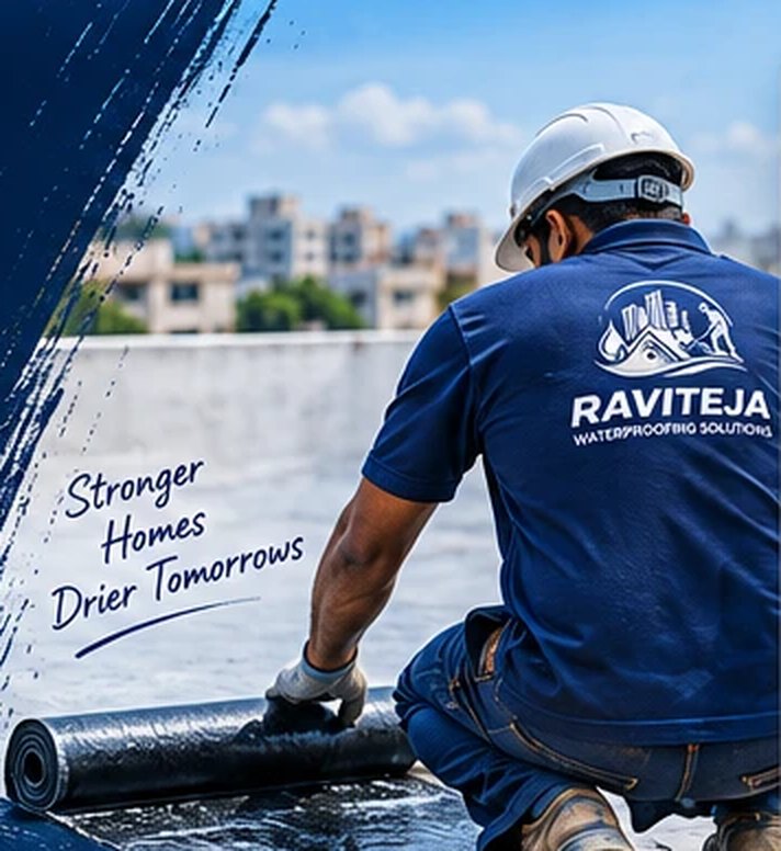 Raviteja technician rolling out a waterproofing membrane on a terrace